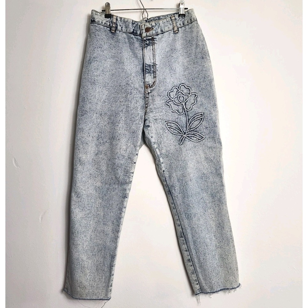 Vintage Golden Star Acid Wash Mom Jeans Floral‎ Embroidered High Rise Size 13/14